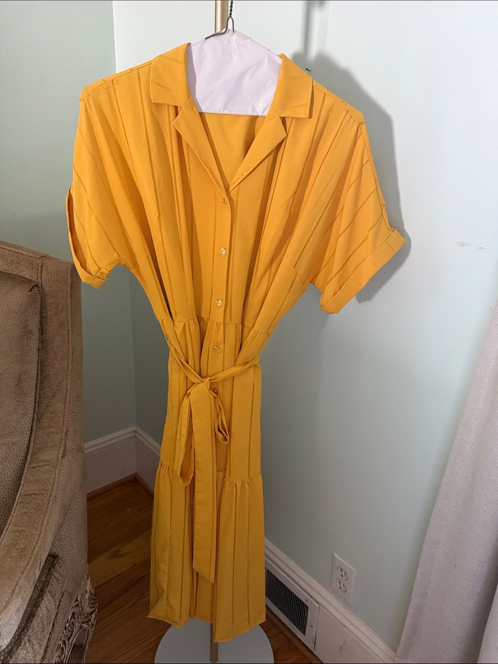 Tahari ASL Sunny Yellow Button-Front Midi Shirt Dress